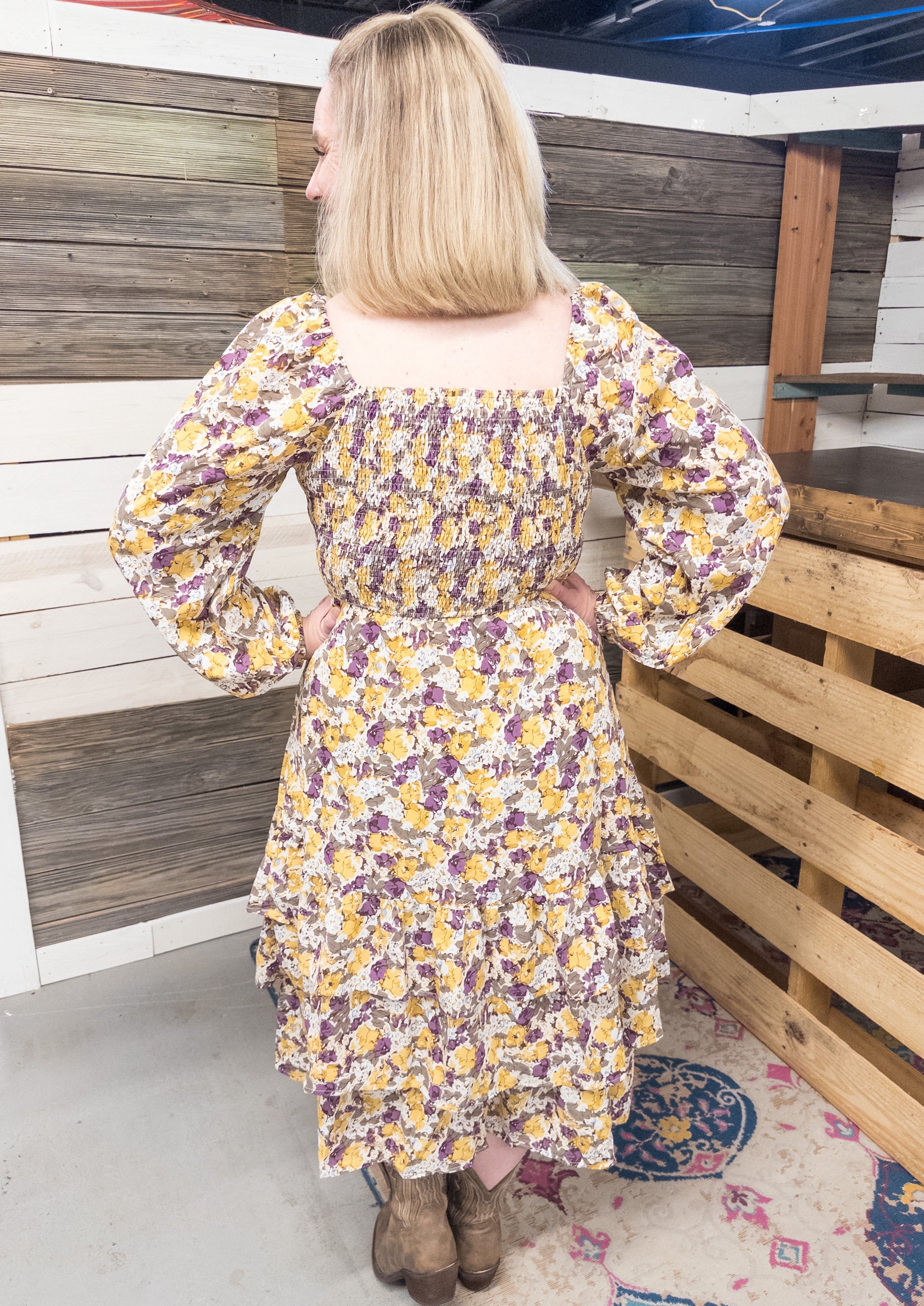 Purple and Yellow Floral Smocked Midi Dress