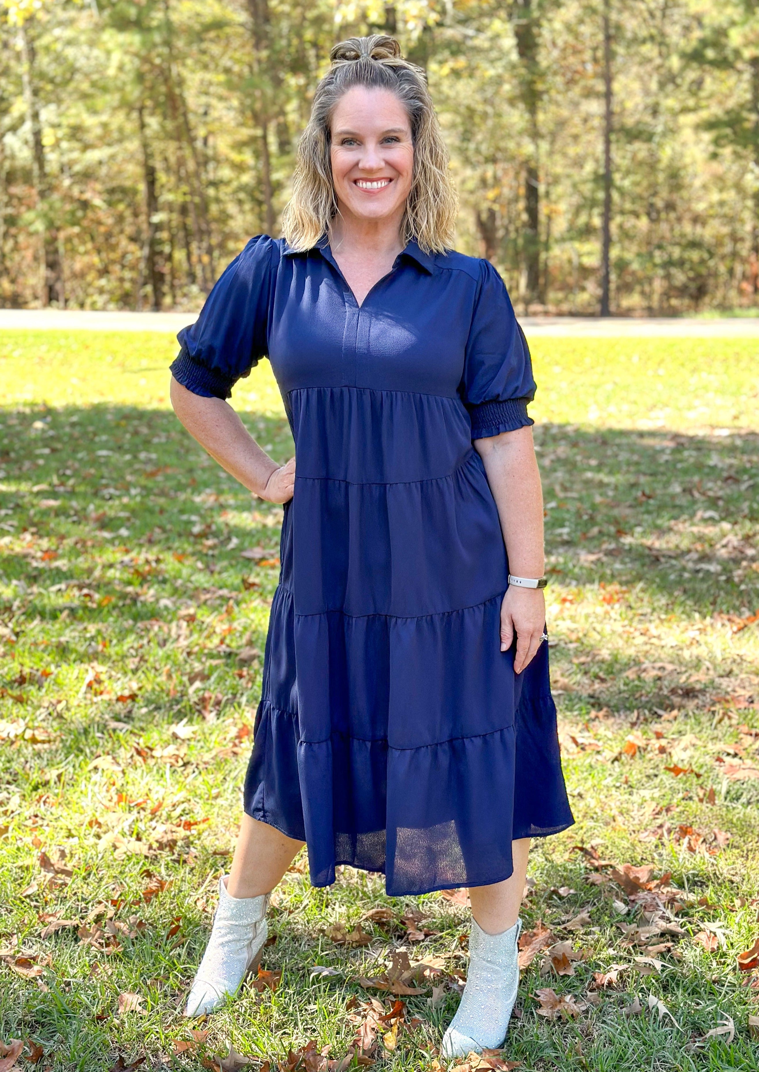 Short Sleeve Navy Midi Dress