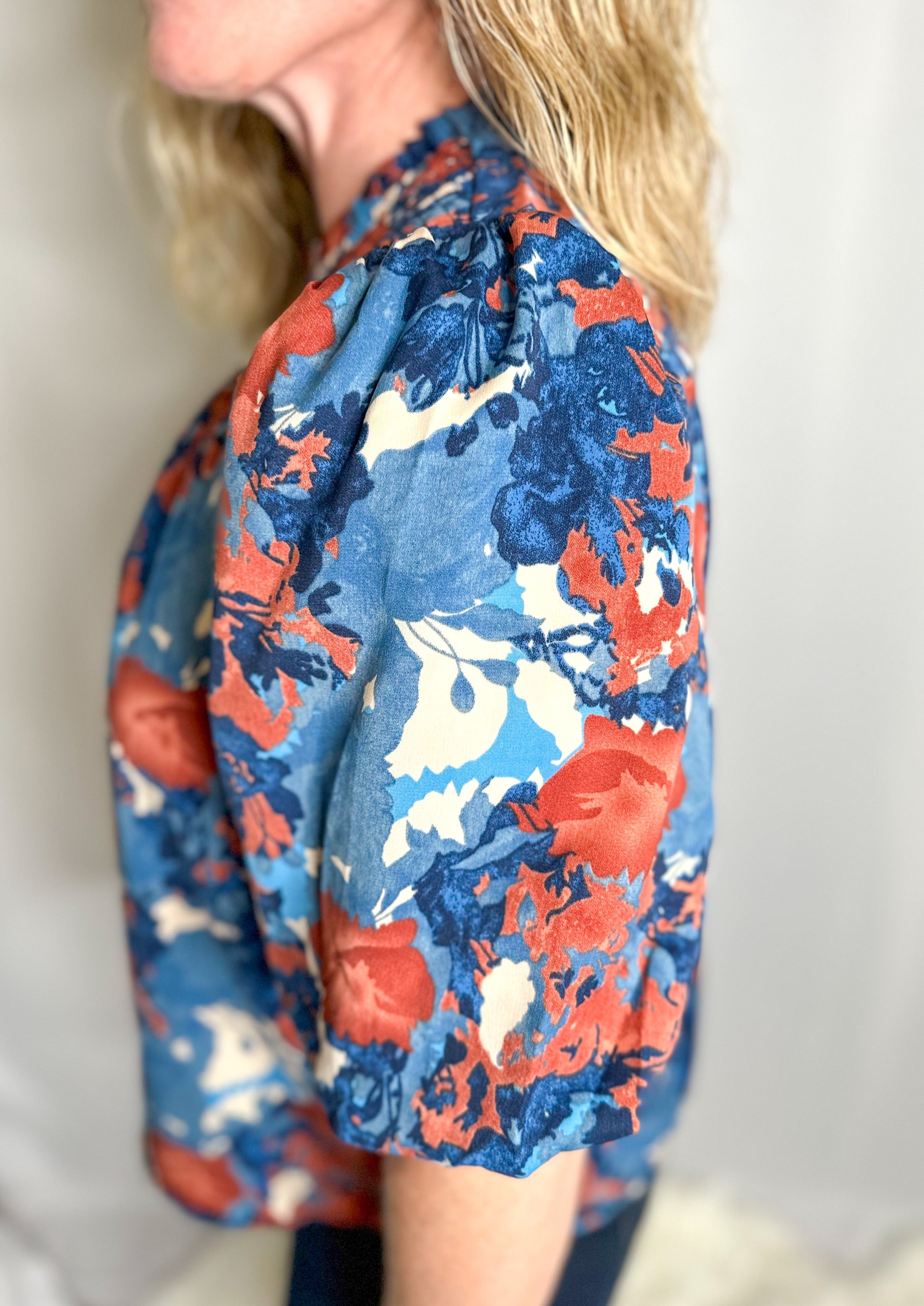 Sleeve closeup Blue & Brown Puff Sleeve Blouse