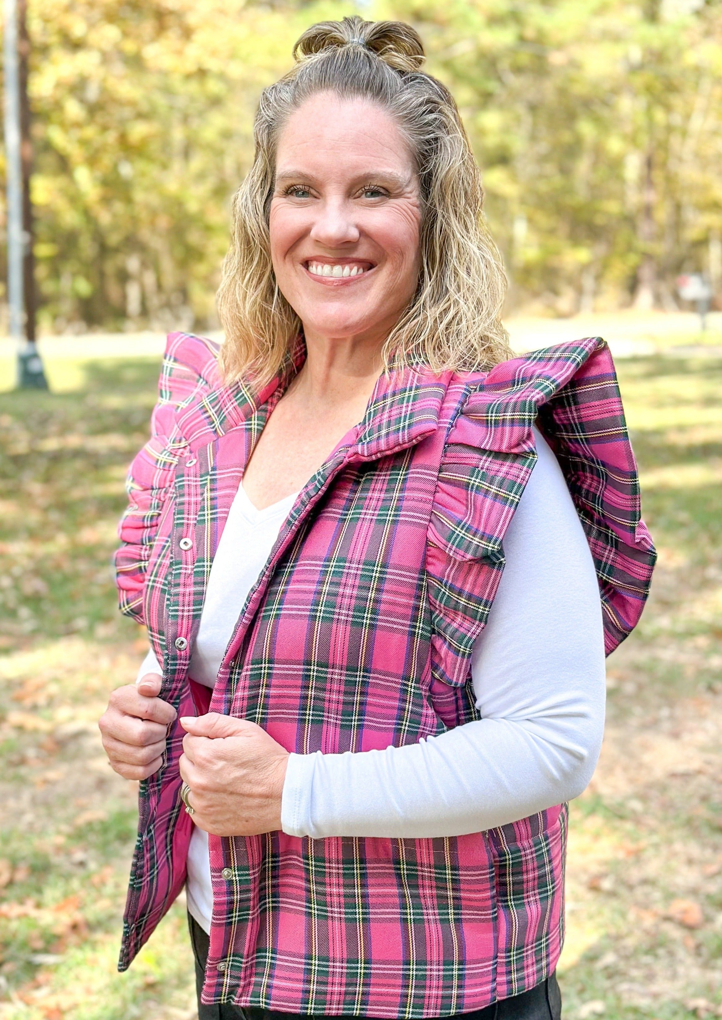 Plaid Ruffle Sleeve Puffer Vest - Pink