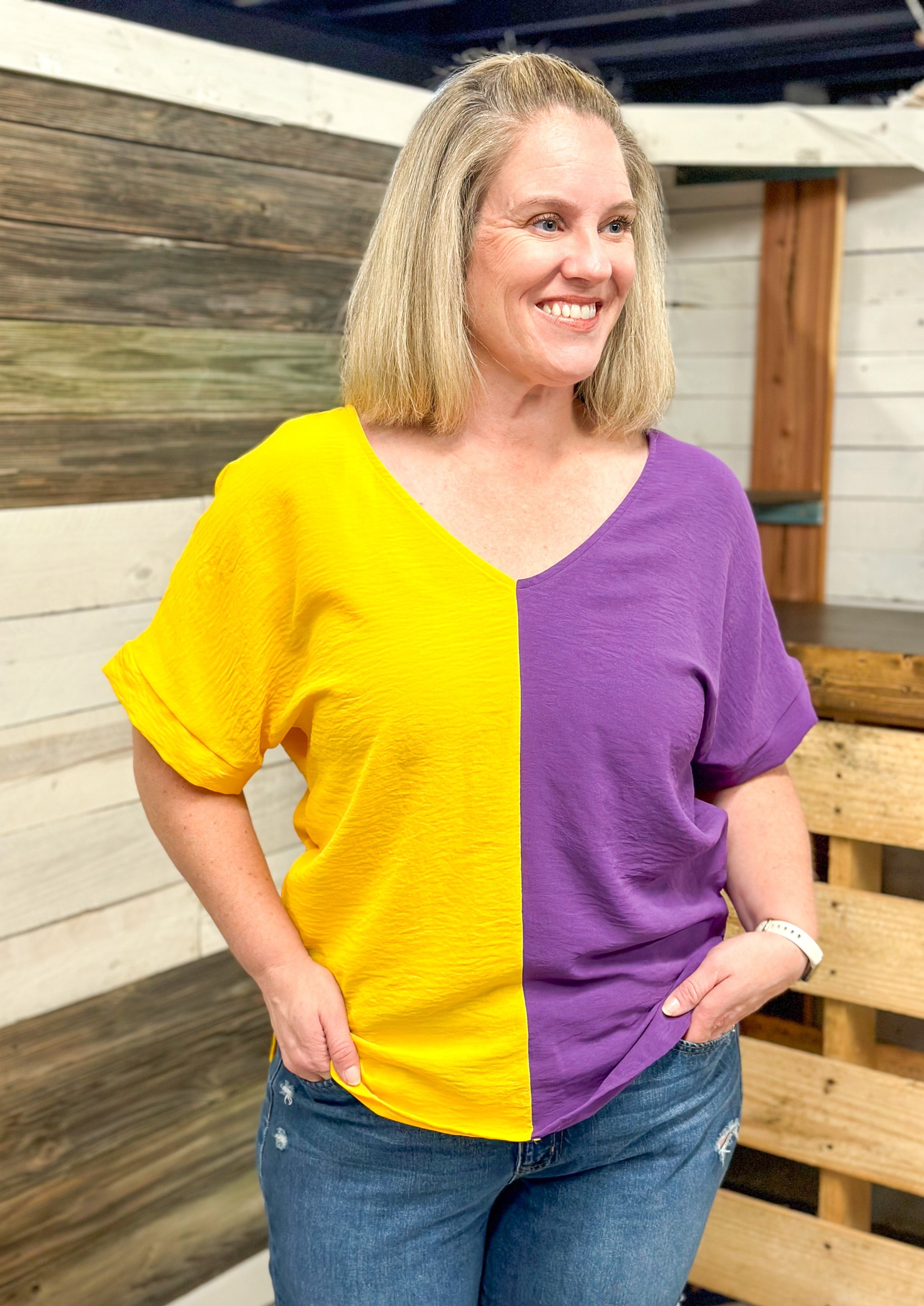 Purple & Yellow Color Block V-Neck Top