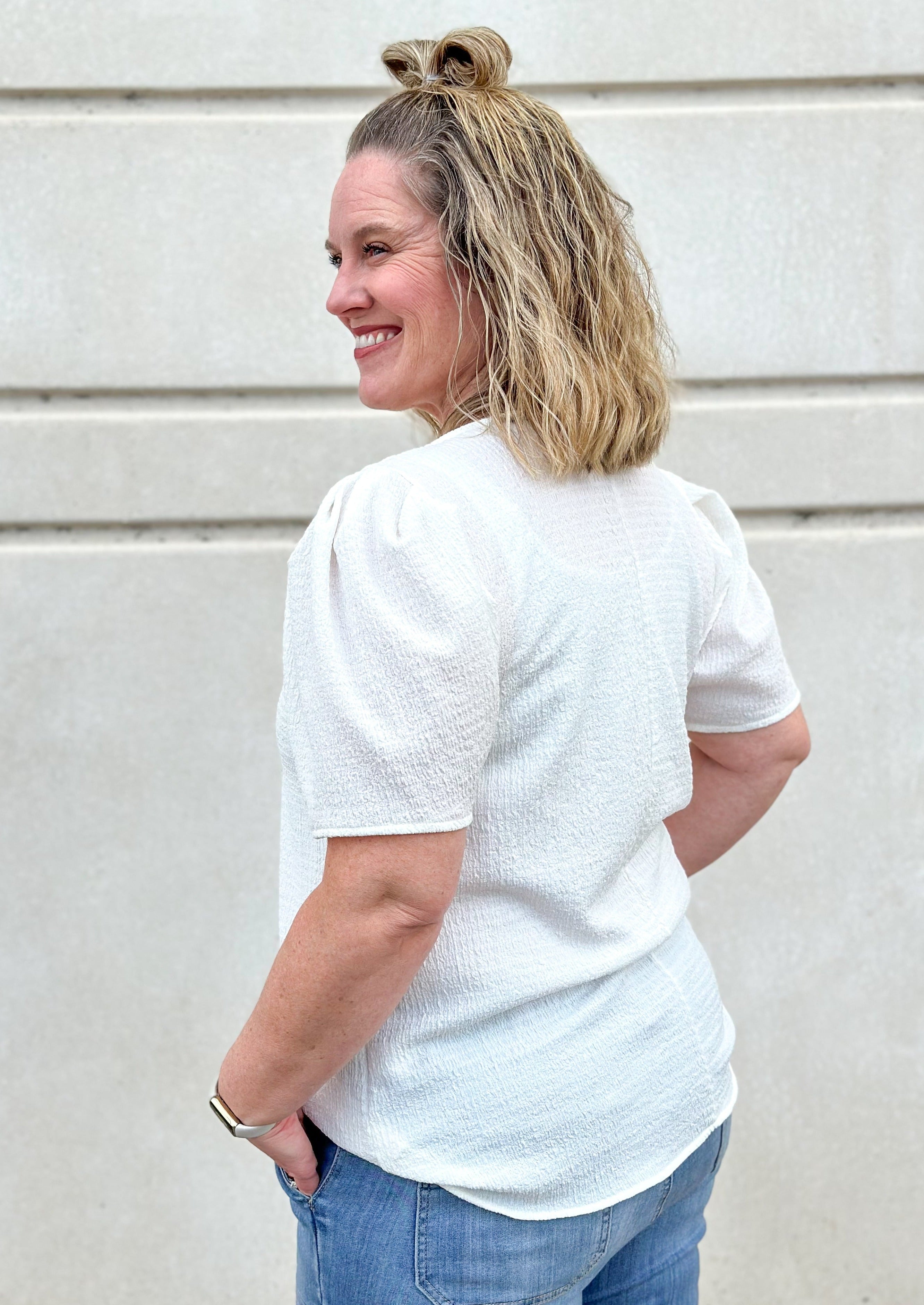 Ivory Bubble Puff Short Sleeve Top.  A great staple with a cute sleeve!  Elevate your basics in this lightweight textured top.