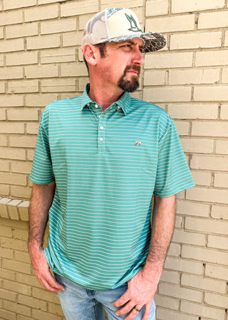 Men's moisture wicking performance polo in jade green and white stripe