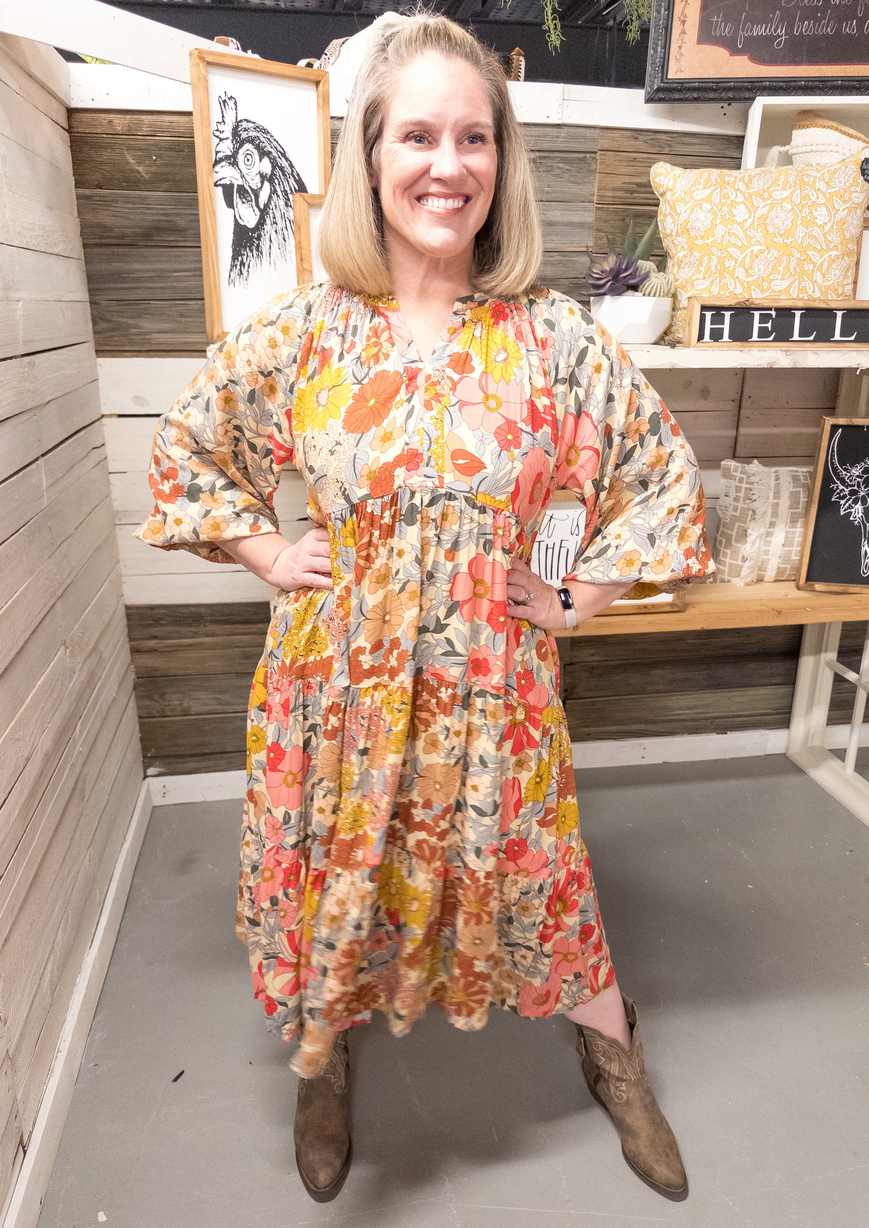 Pink and Green Floral Midi Dress