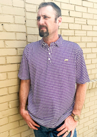 purple shirt with rows of the state of louisiana shape in white and gold embroidered emblem on left chest - polo with button