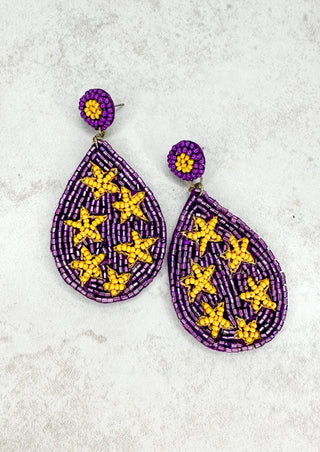 Purple with gold stars Teardrop shaped seed bead post back earrings.