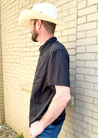 black performance button up western style short sleeve shirt with 2 front pockets