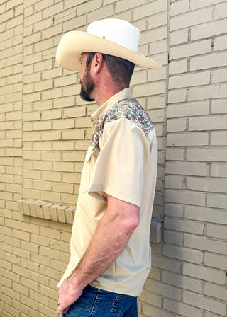 beige button up shirt with collar - front chest pockets - camo design on upper body, shoulders and upper body on the back