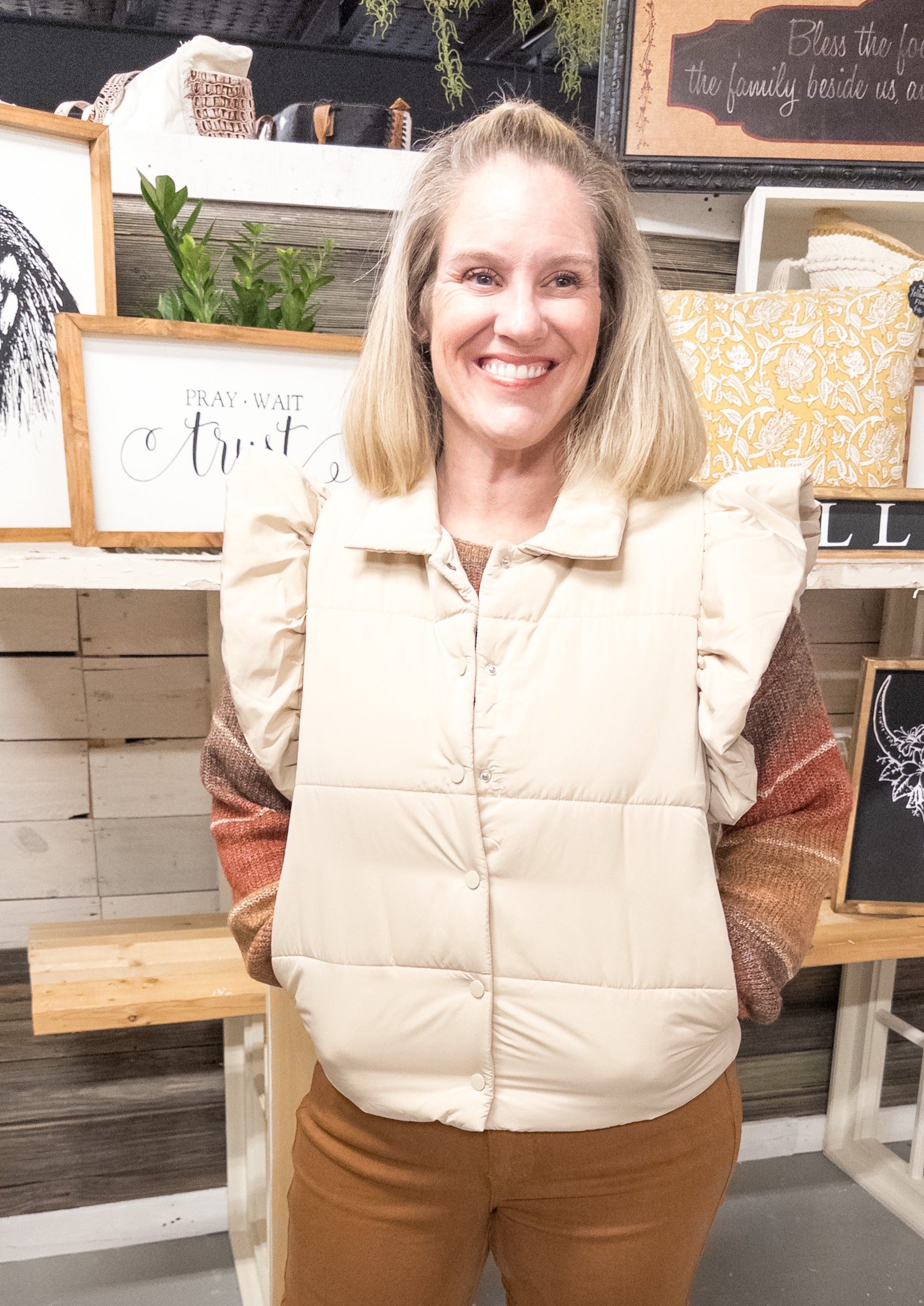 Ruffle Sleeve Puffer Vest - Sand