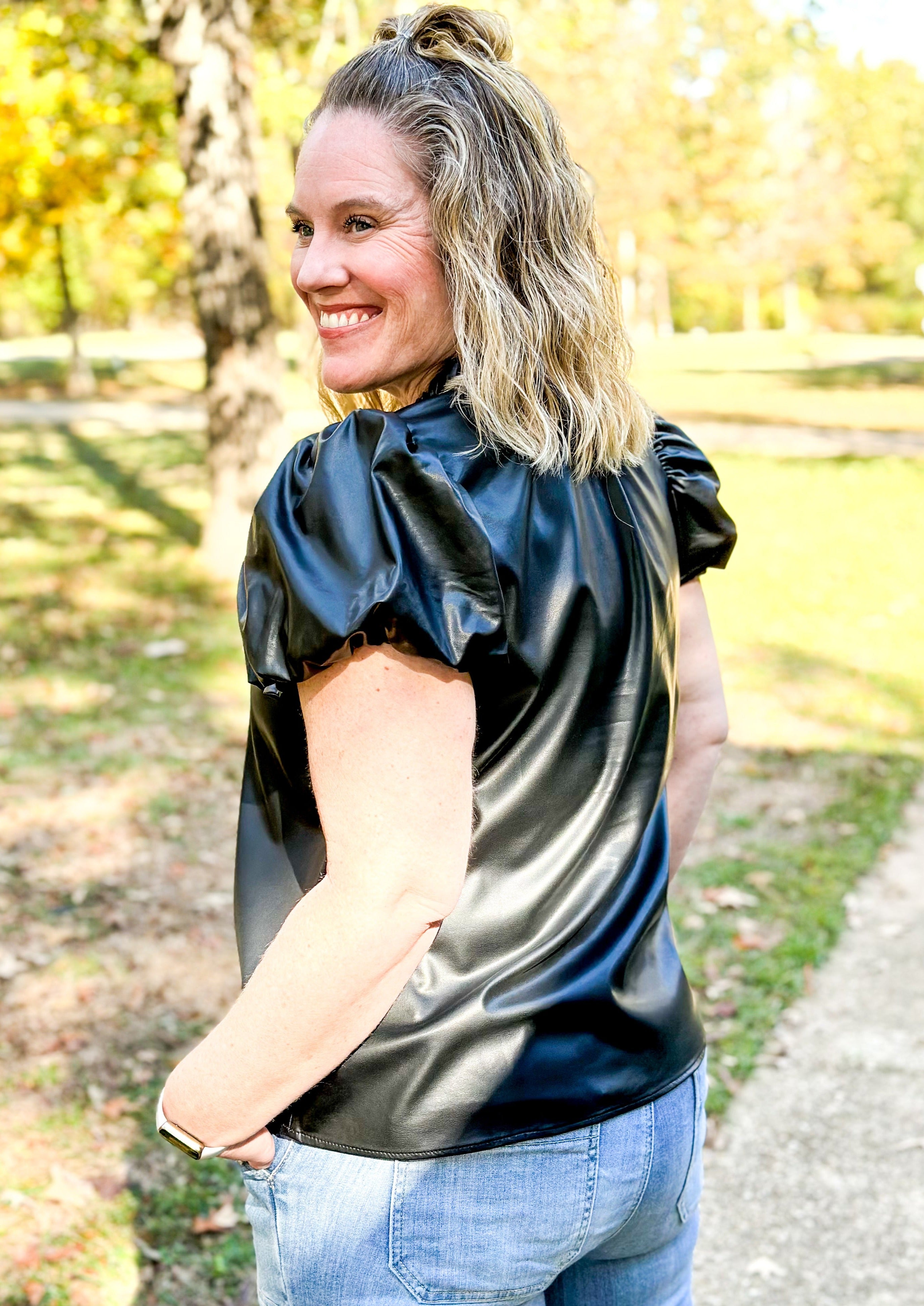 Faux Leather Ruffle Neck Top - Black