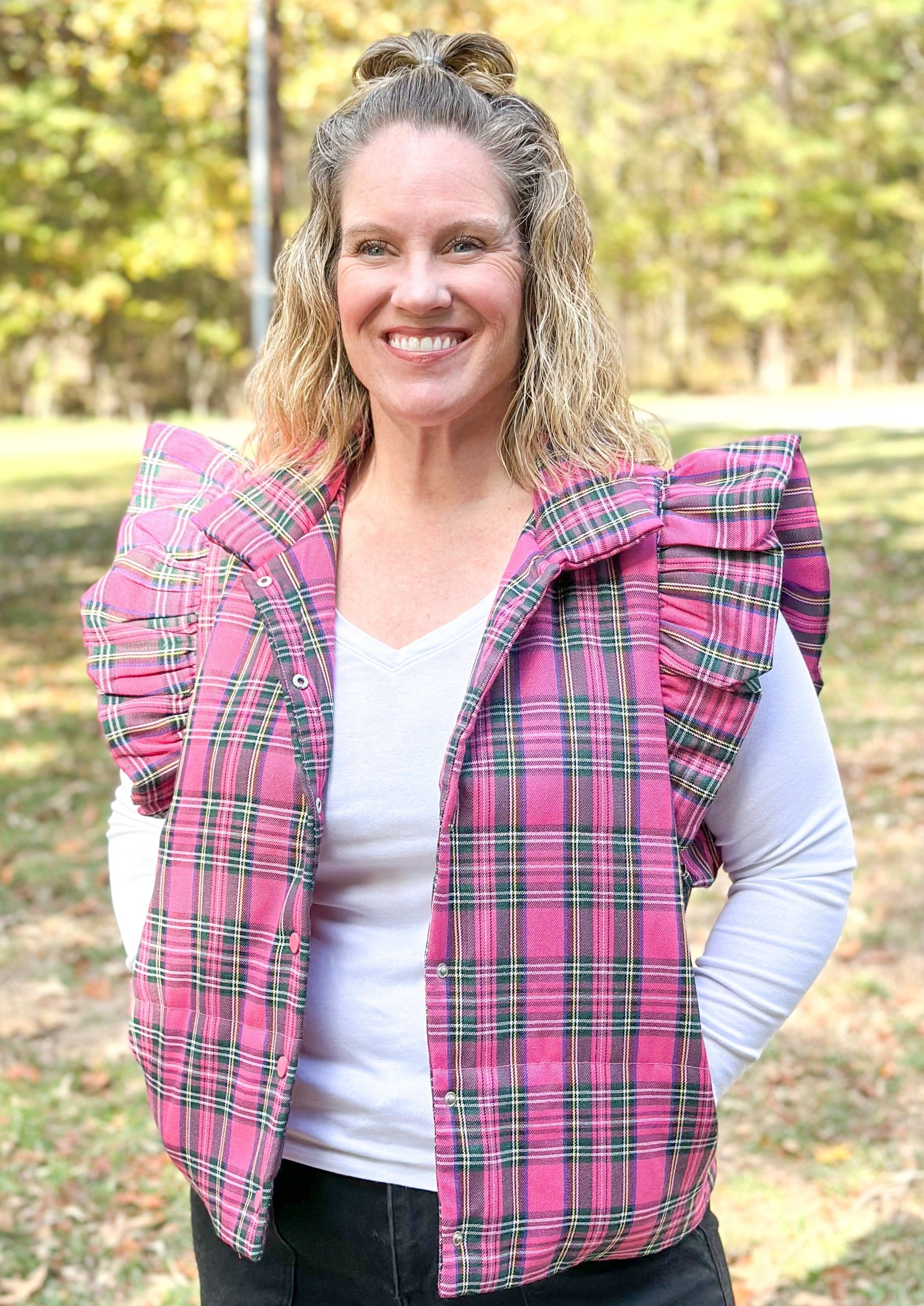 Plaid Ruffle Sleeve Puffer Vest - Pink