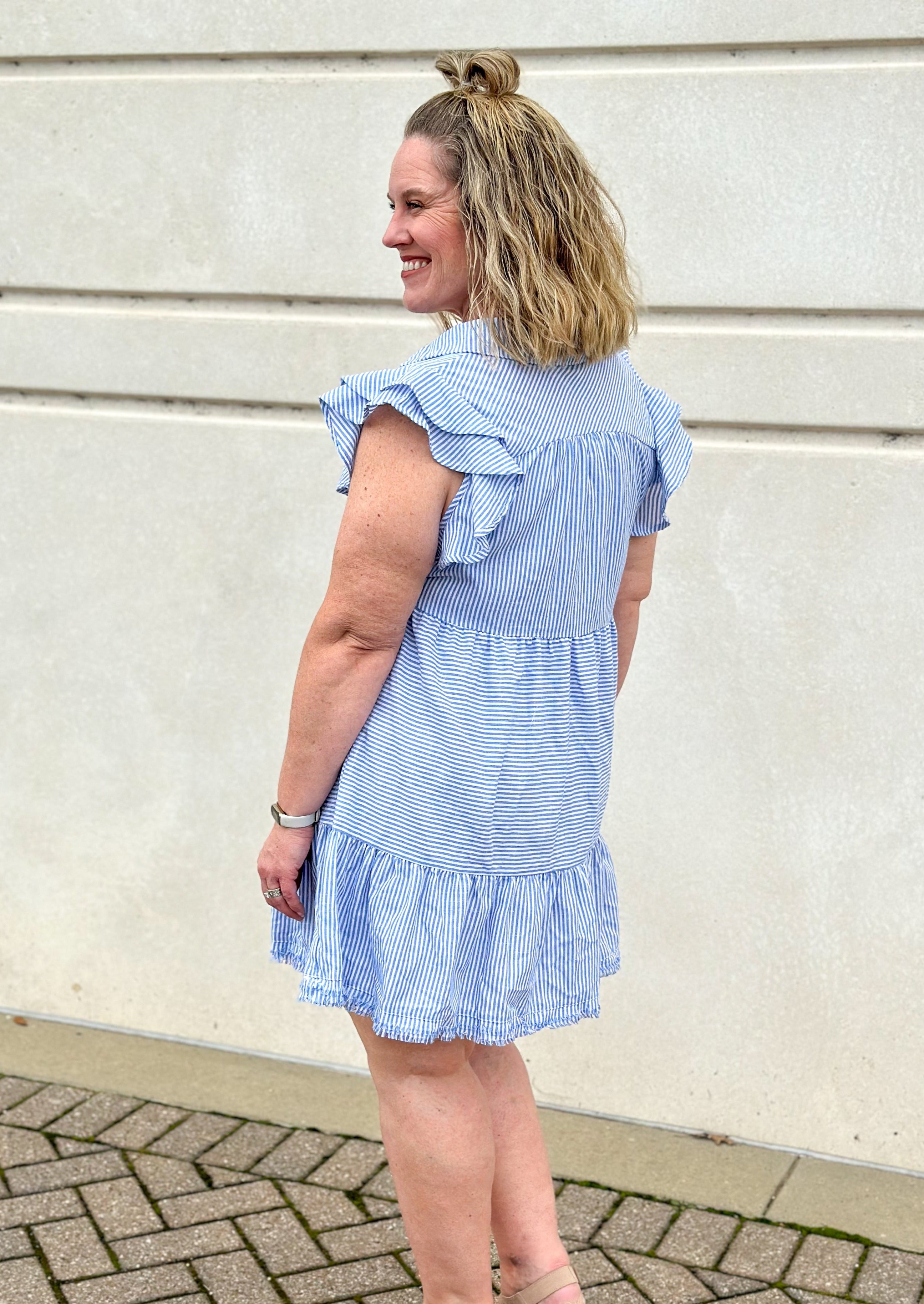 UMGEE Blue and White Striped Frayed Hem Dress with unfished/frayed hem and double ruffle sleeve.  Available in plus sizes.