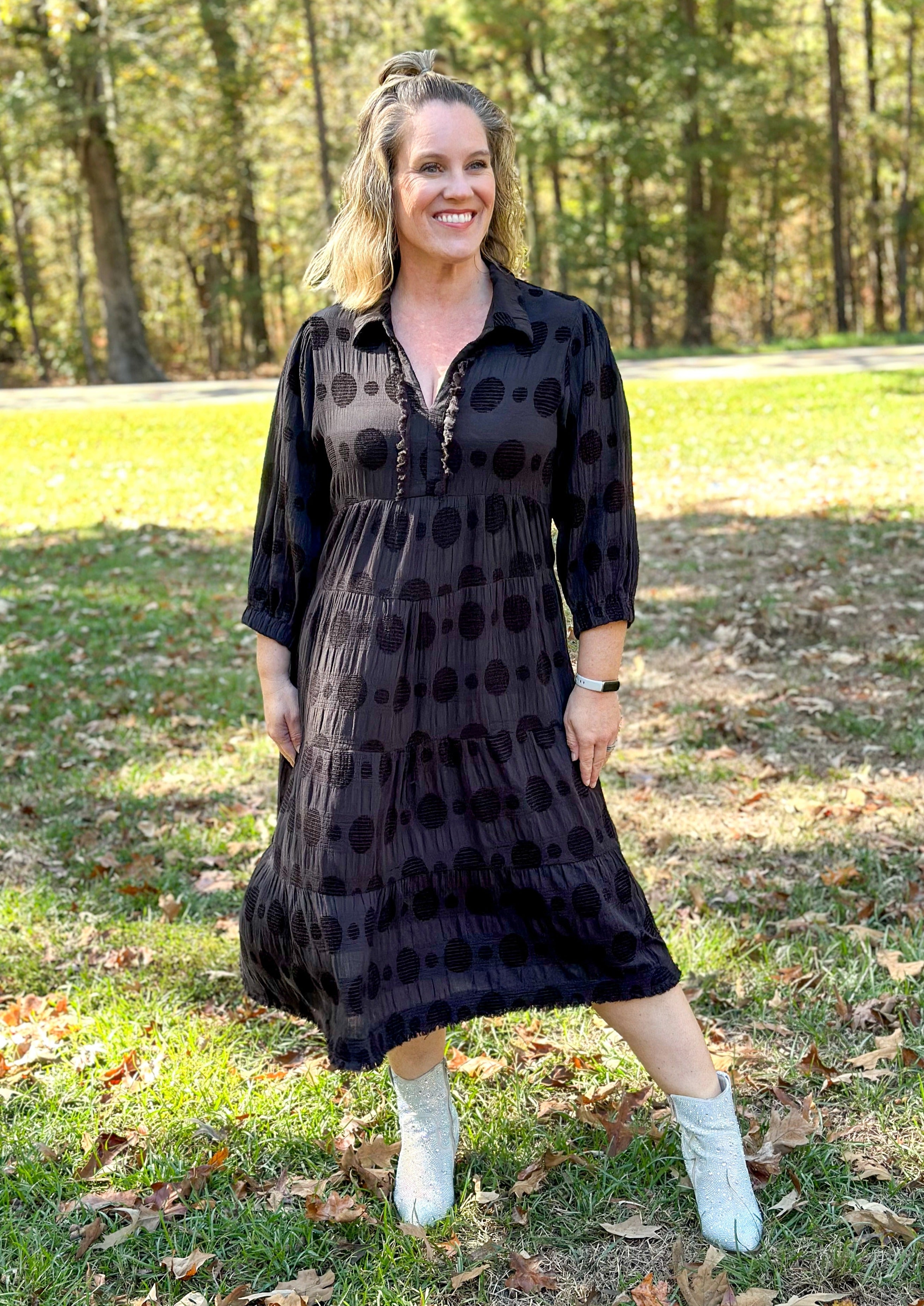 Long Sleeve Black Dot Midi Dress