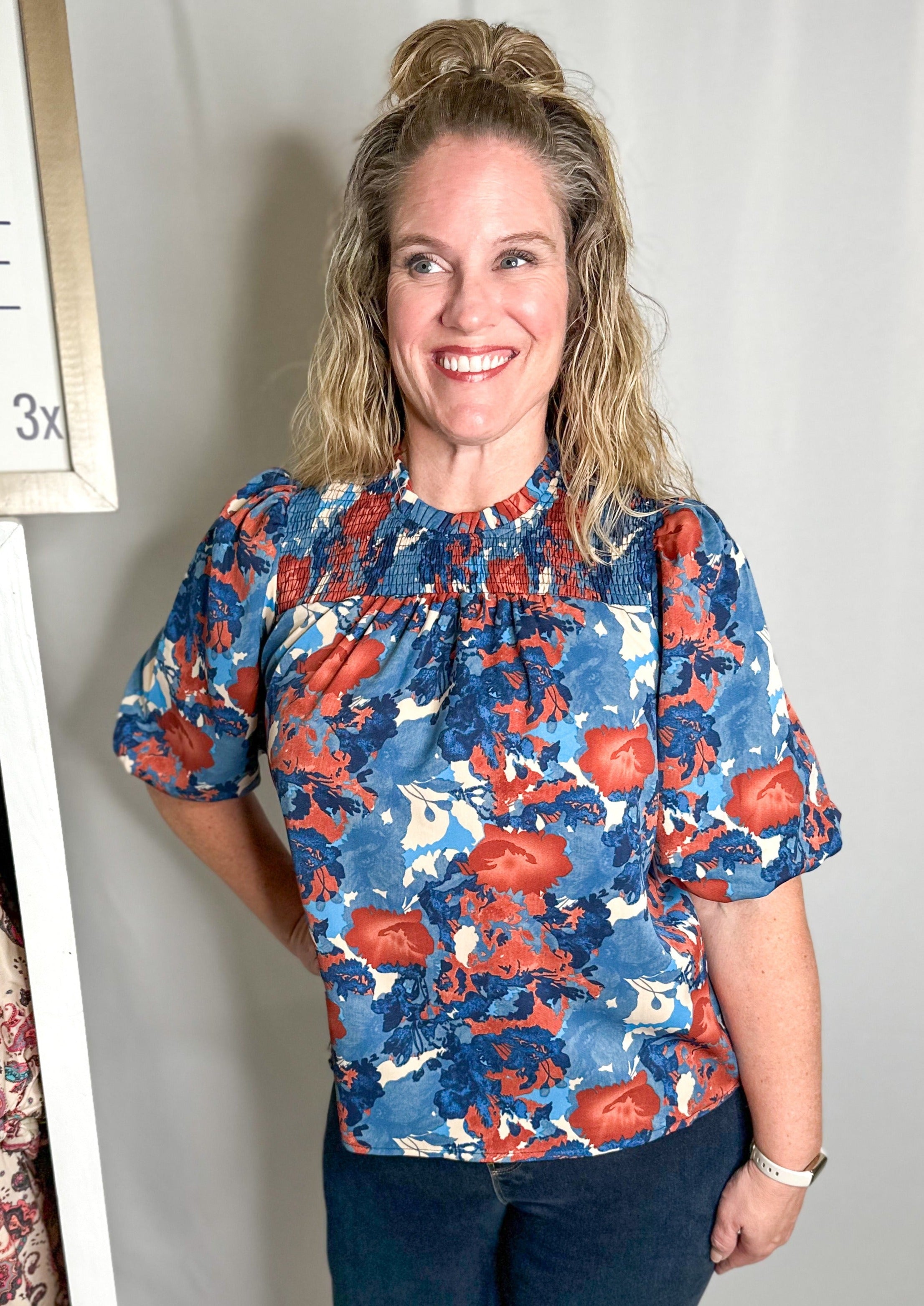 Blue & Brown Puff Sleeve Blouse