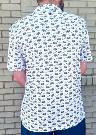 men's performance short sleeve polo with gators and golf club print on a white background