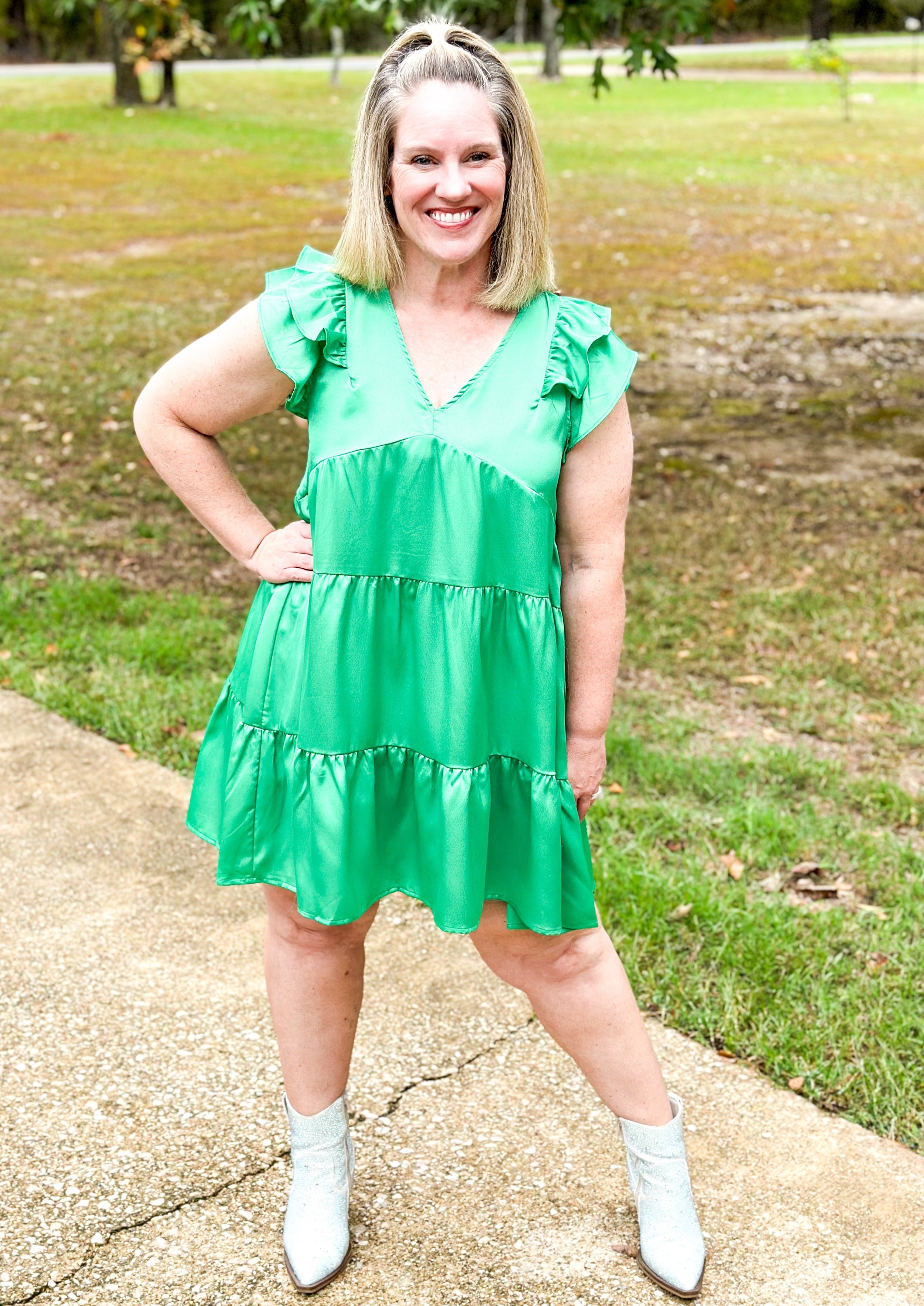 Satin Green Tiered Dress