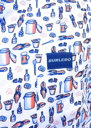 men's performance button up short sleeve shirt - crawfish, beer, tongs and other bbq pictures all over on a white background