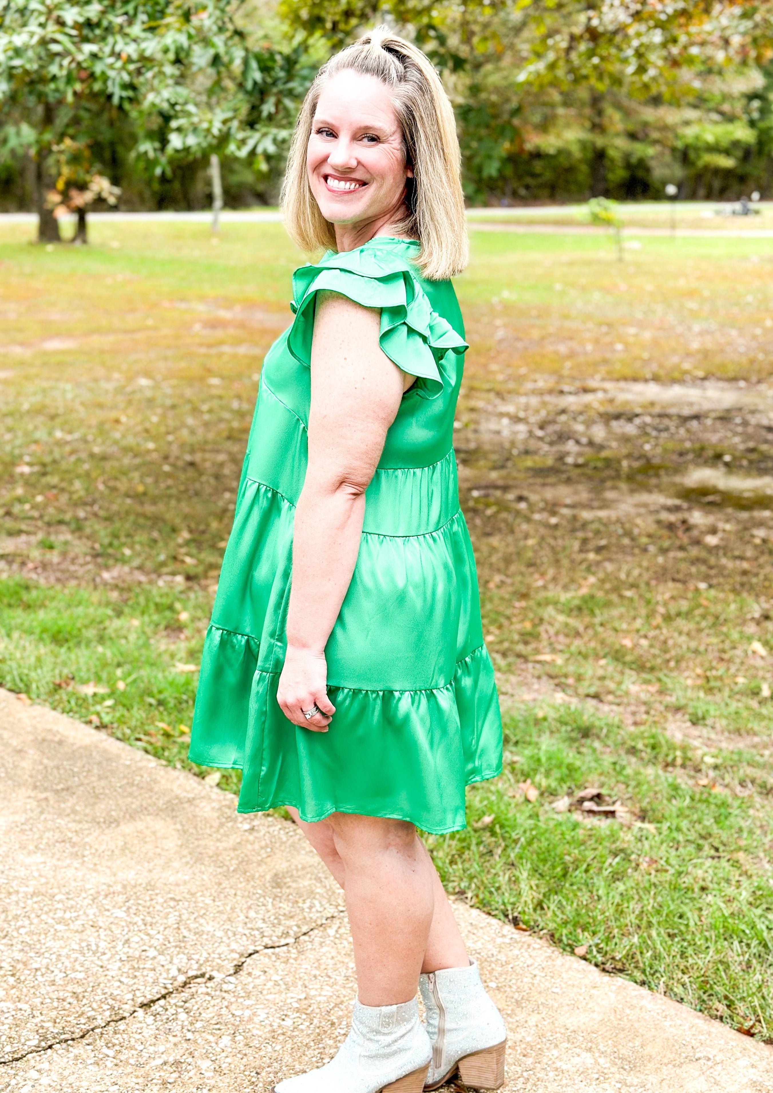 Satin Green Tiered Dress