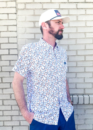 men's performance button up short sleeve shirt - crawfish, beer, tongs and other bbq pictures all over on a white background