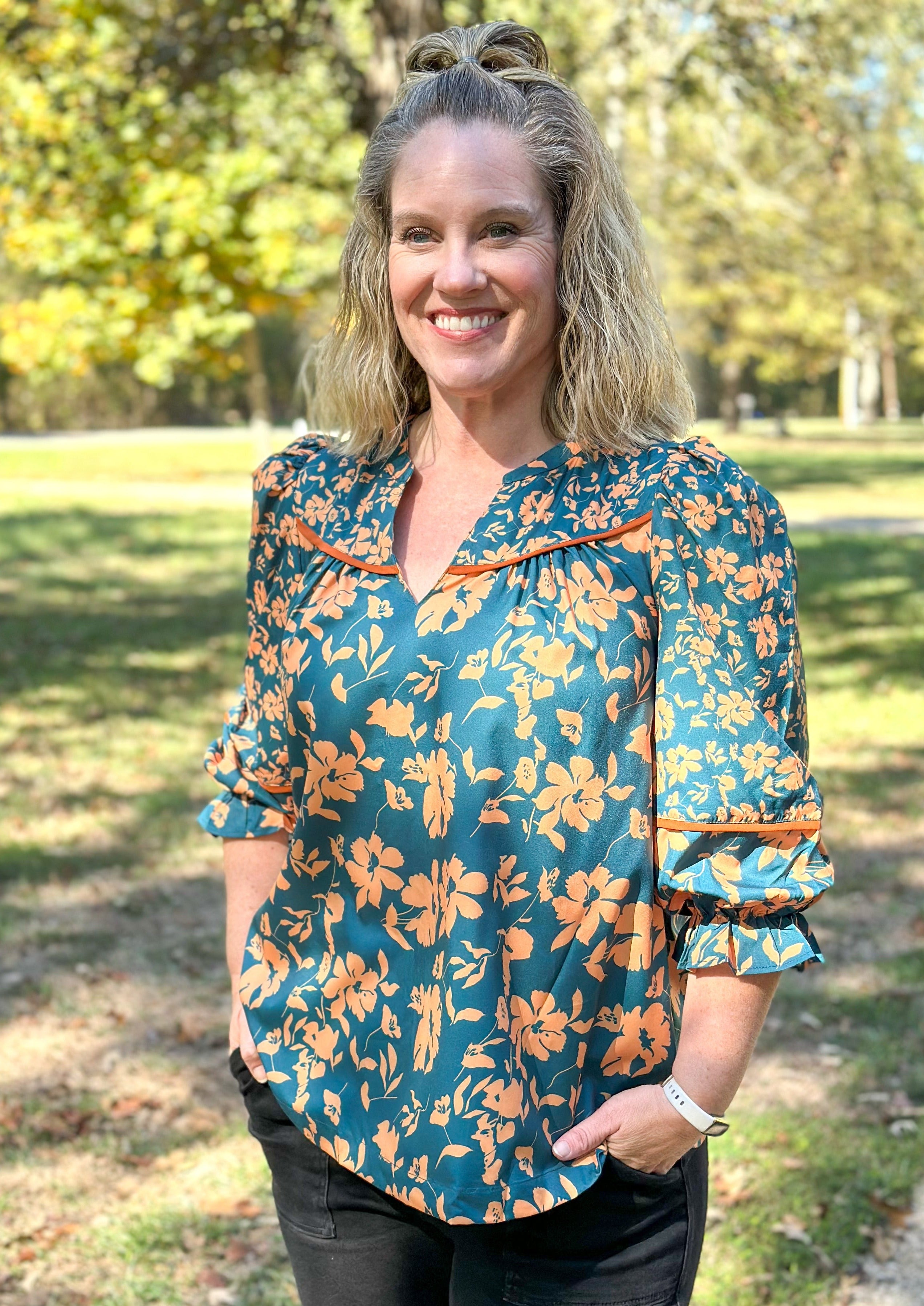 Teal and Orange Floral Top