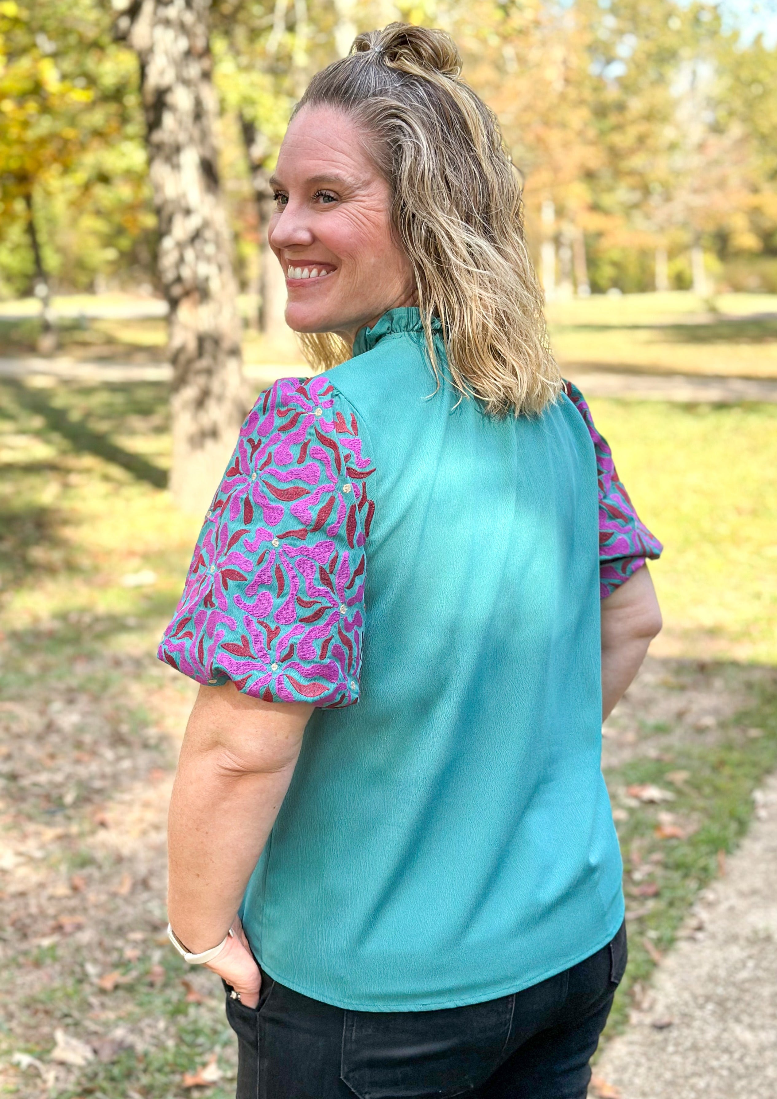 Teal Embroidered Sleeve Top