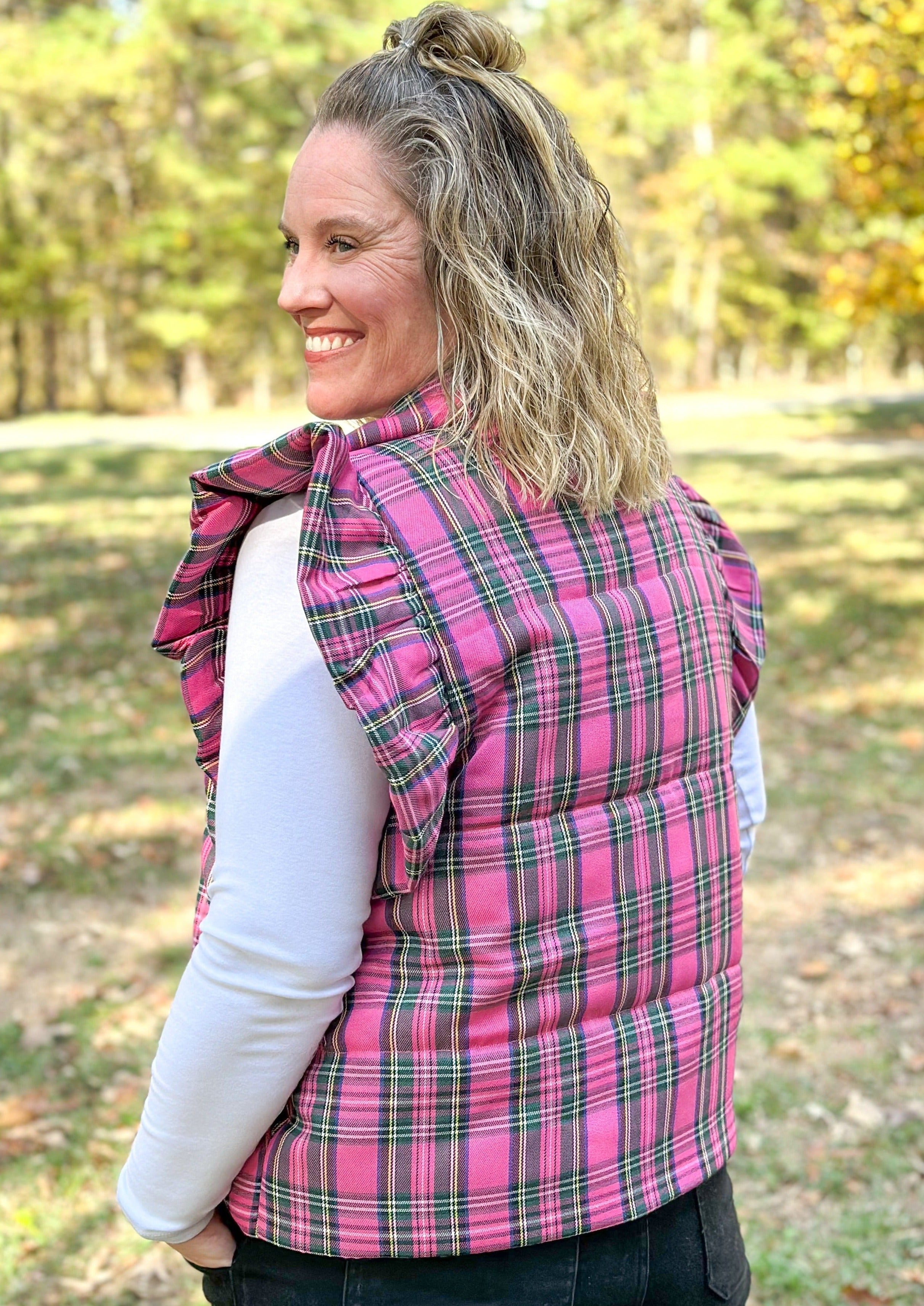 Plaid Ruffle Sleeve Puffer Vest - Pink