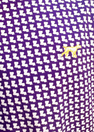 purple shirt with rows of the state of louisiana shape in white and gold embroidered emblem on left chest - polo with button