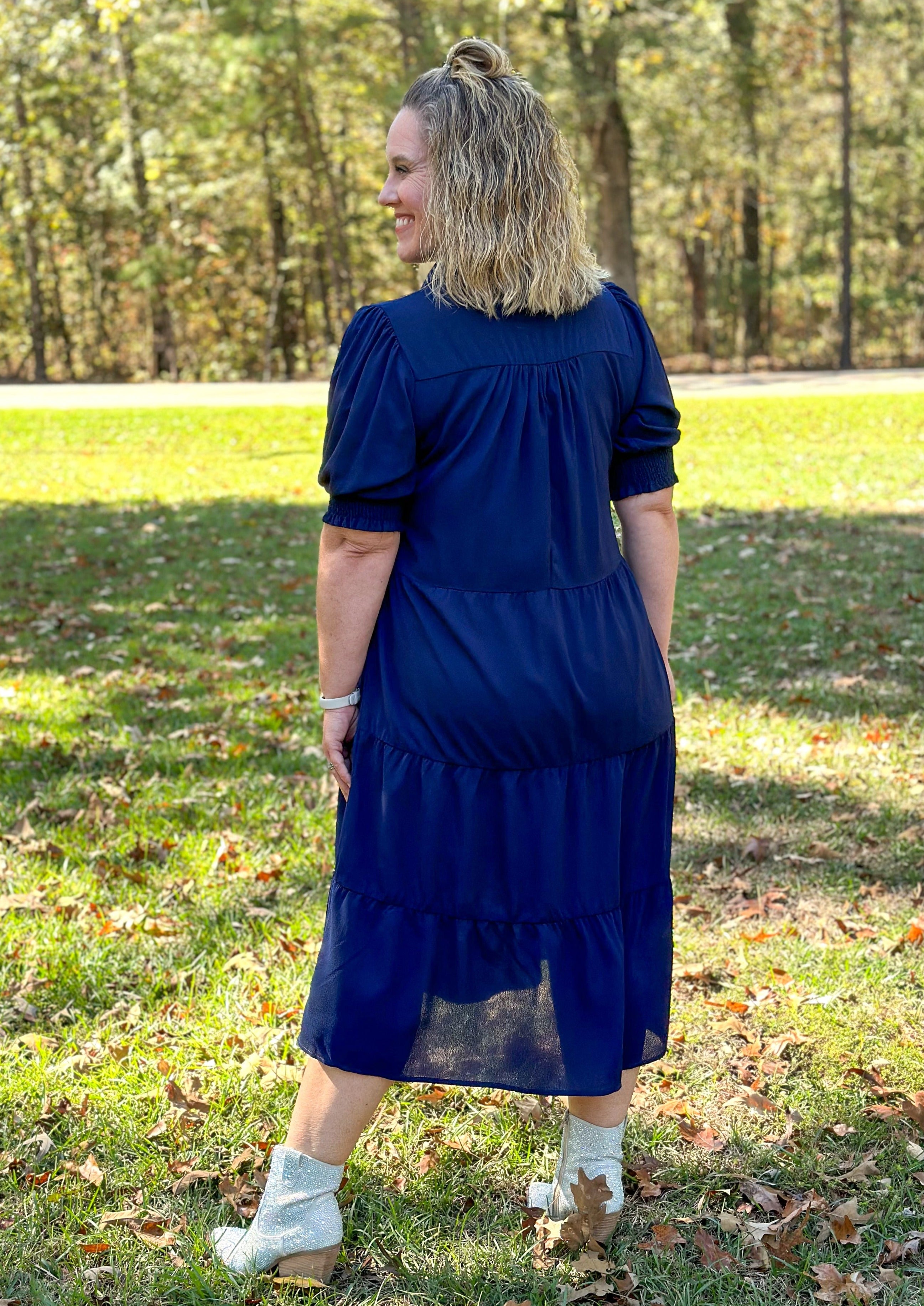 Short Sleeve Navy Midi Dress