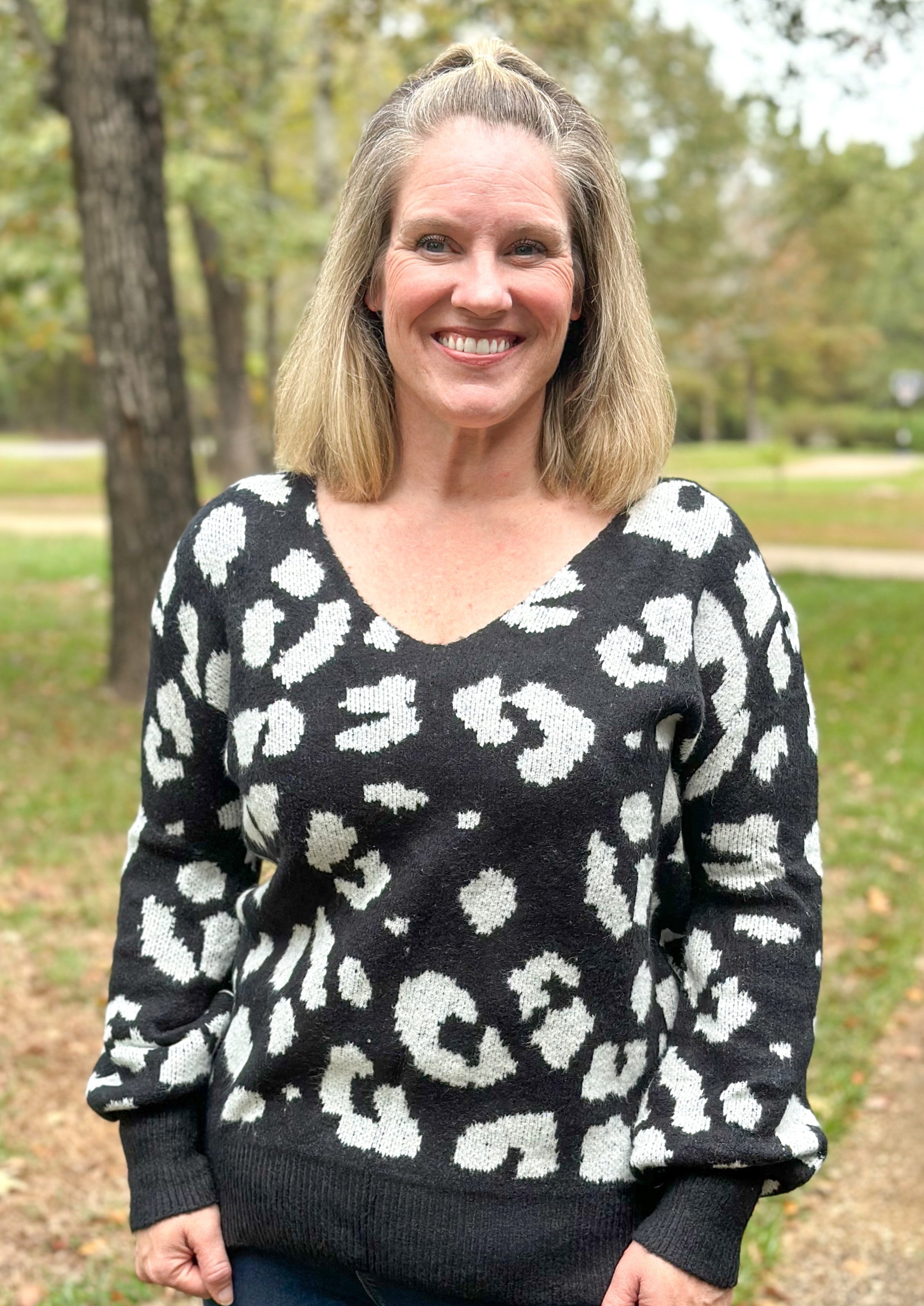 Black and White Leopard V-Neck Sweater