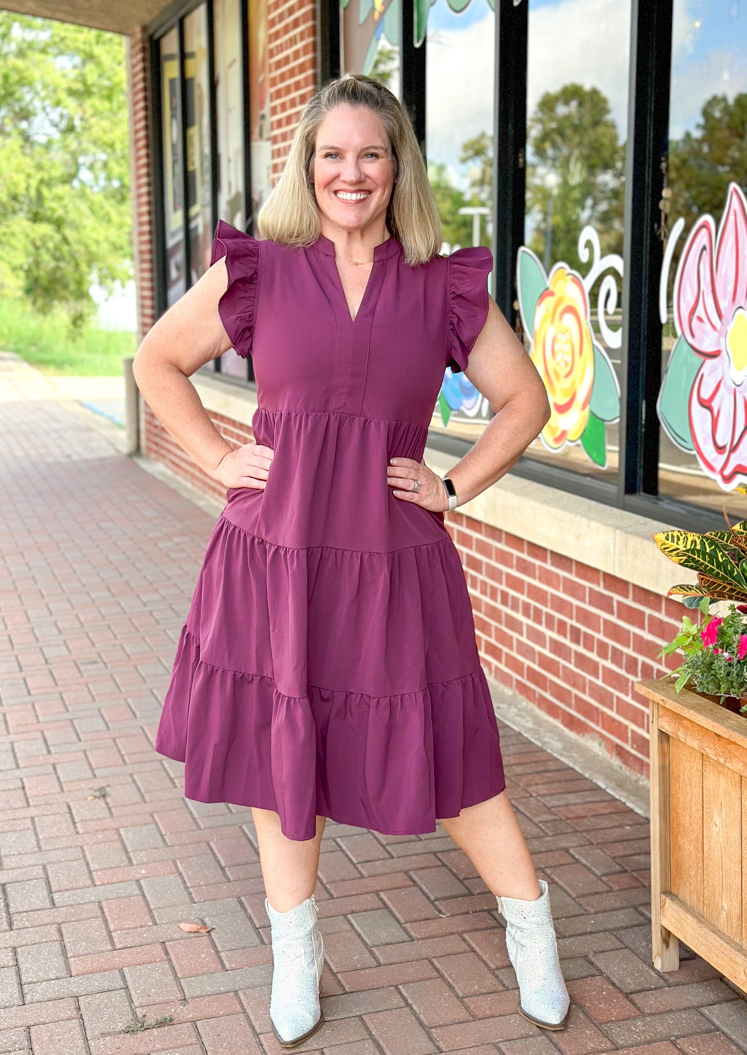 Tiered Midi Dress w/Pockets - Eggplant