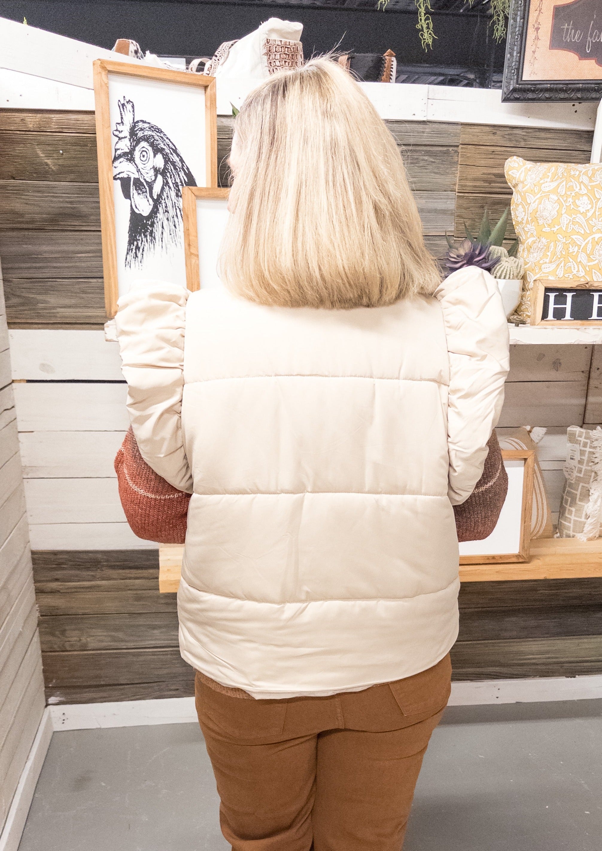 Ruffle Sleeve Puffer Vest - Sand