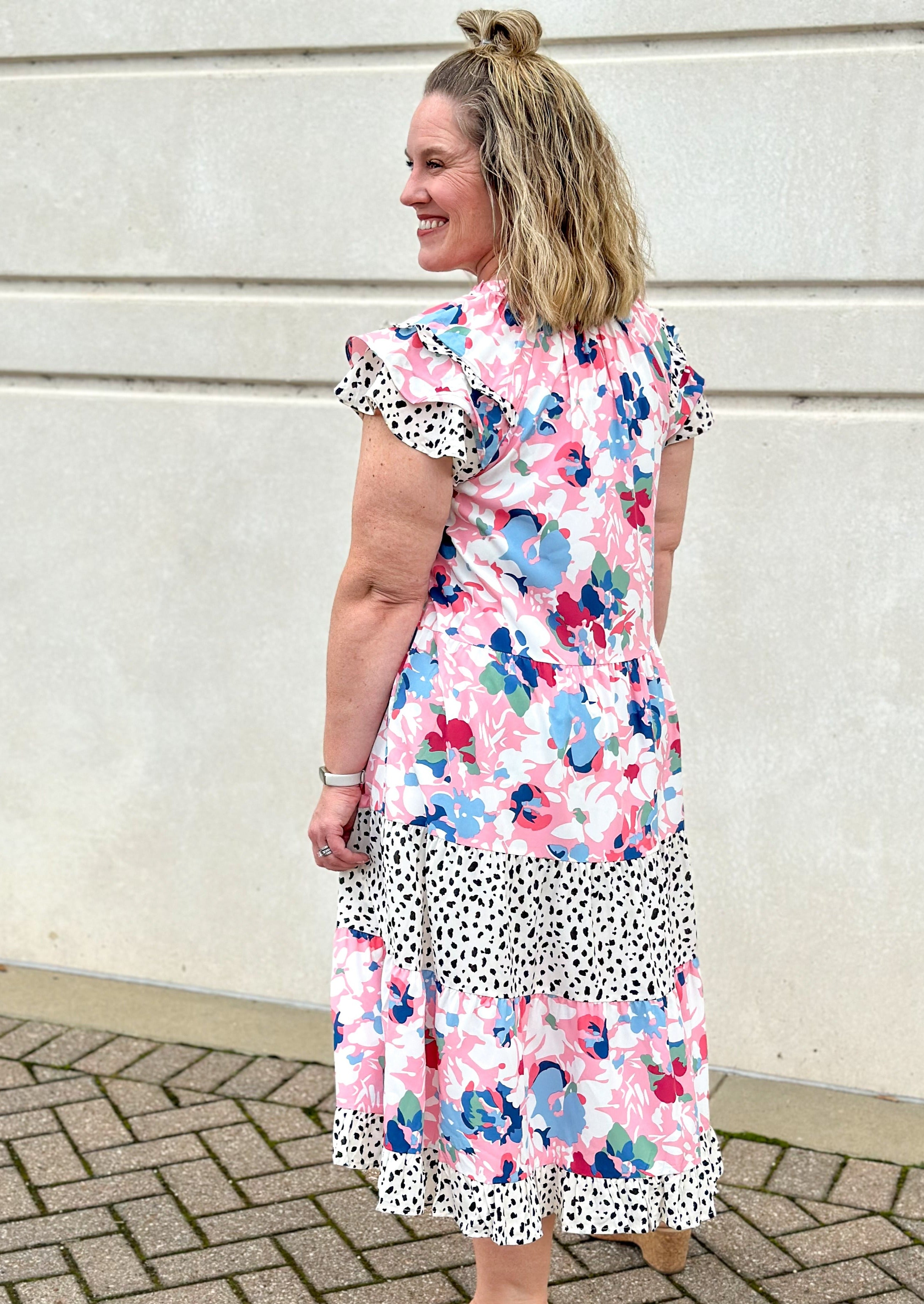 pink and blue floral midi dress with mixed dalamantion pattern - tiered - tie ruffle neck - ruffle sleeve