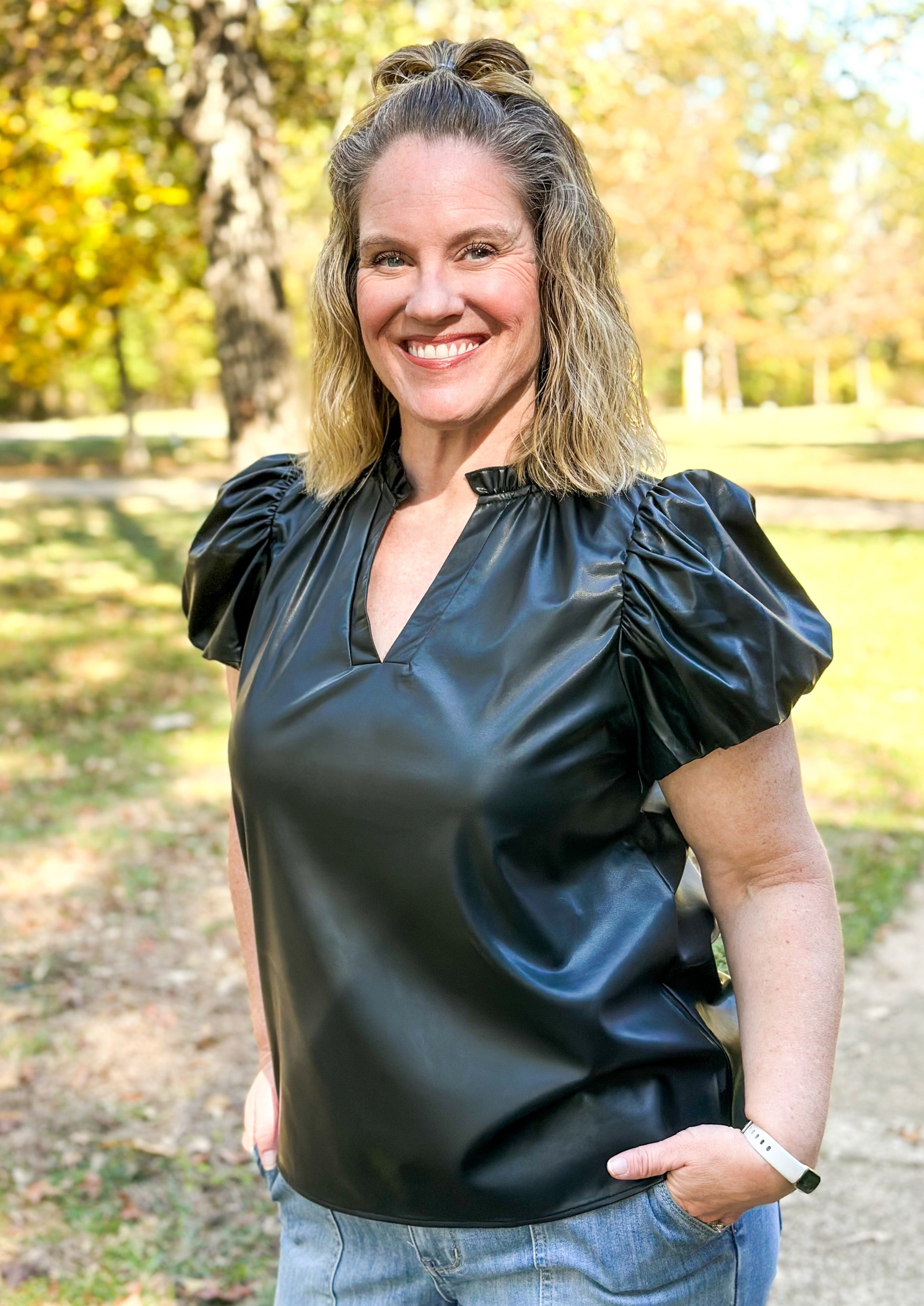 Faux Leather Ruffle Neck Top - Black
