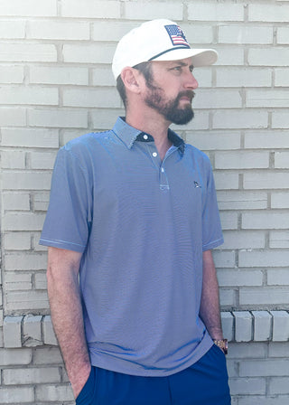 performance white and navy striped polo short sleeve shirt w/small embroidered duck on upper left chest