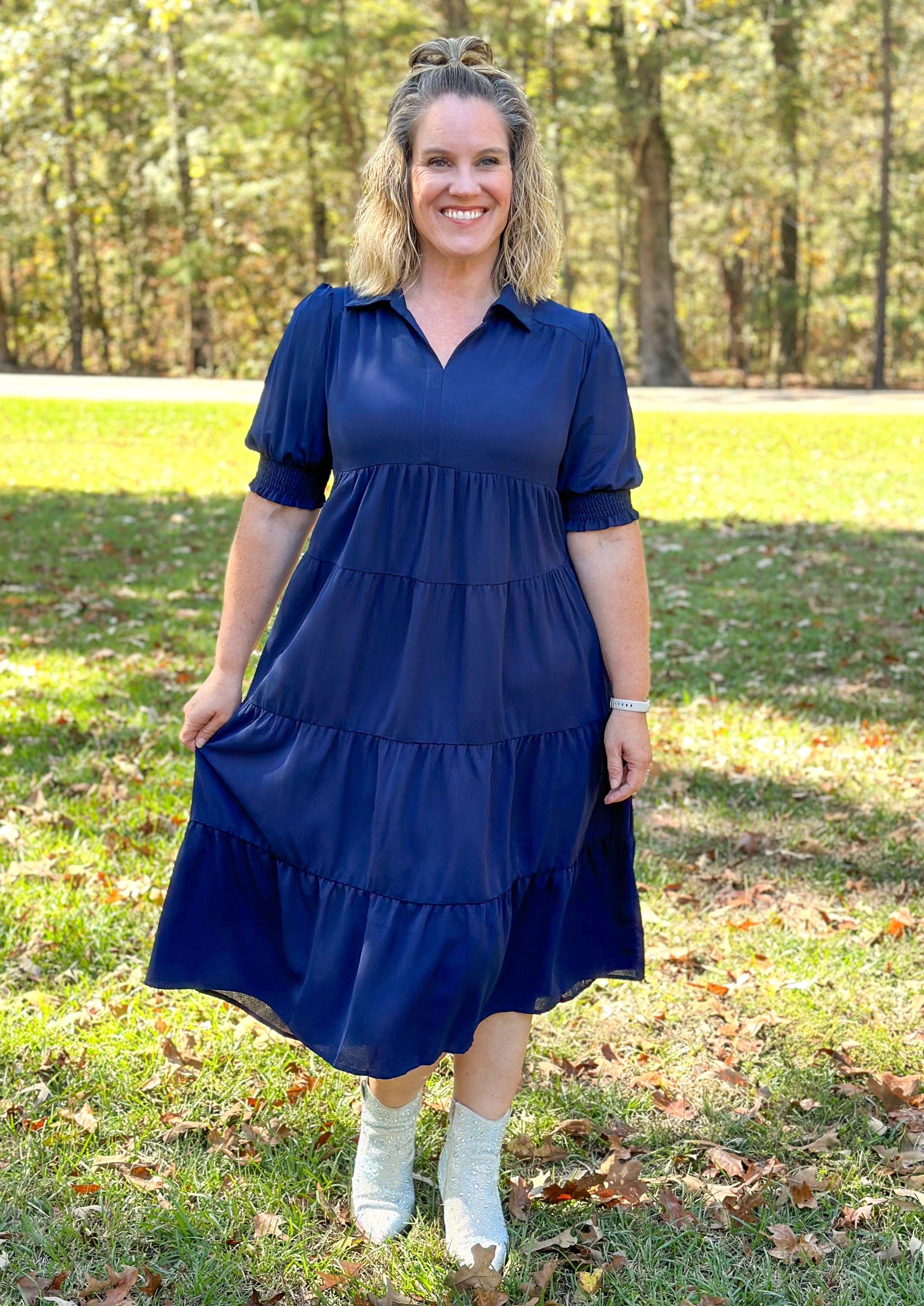Short Sleeve Navy Midi Dress