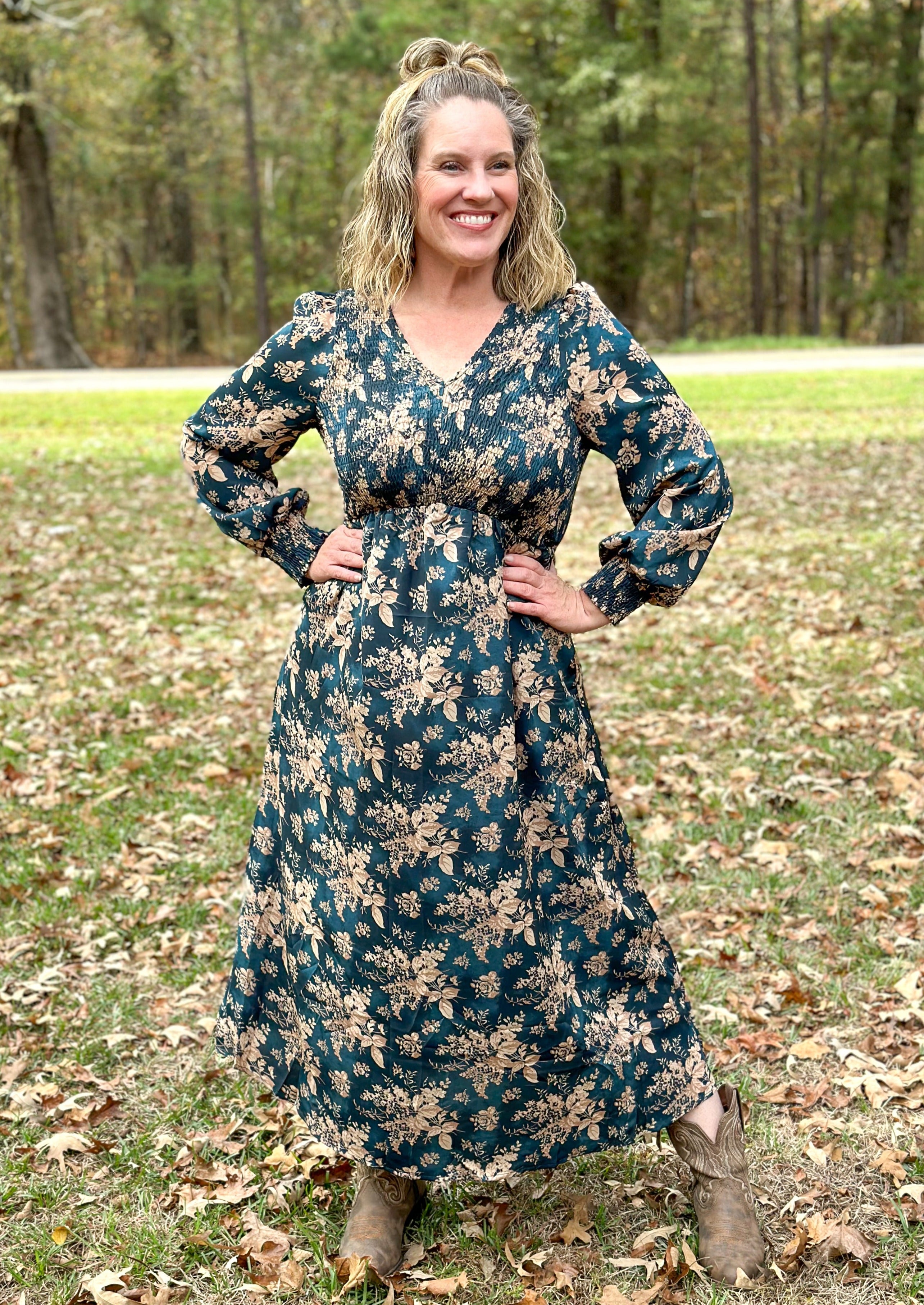 V-neck Floral Long Sleeve Floral Maxi Dress - Teal