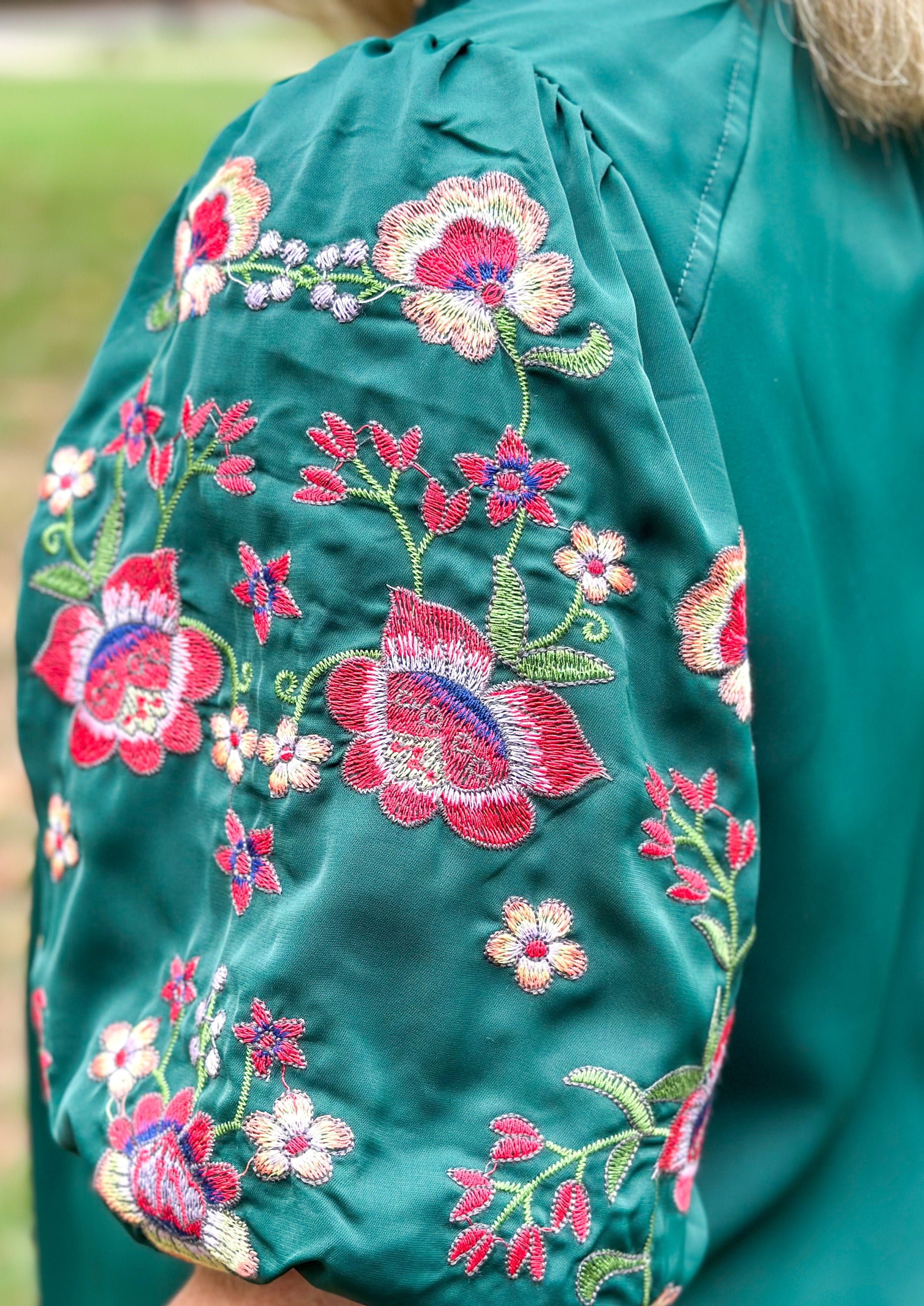 Embroidered Sleeve Top - Hunter Green