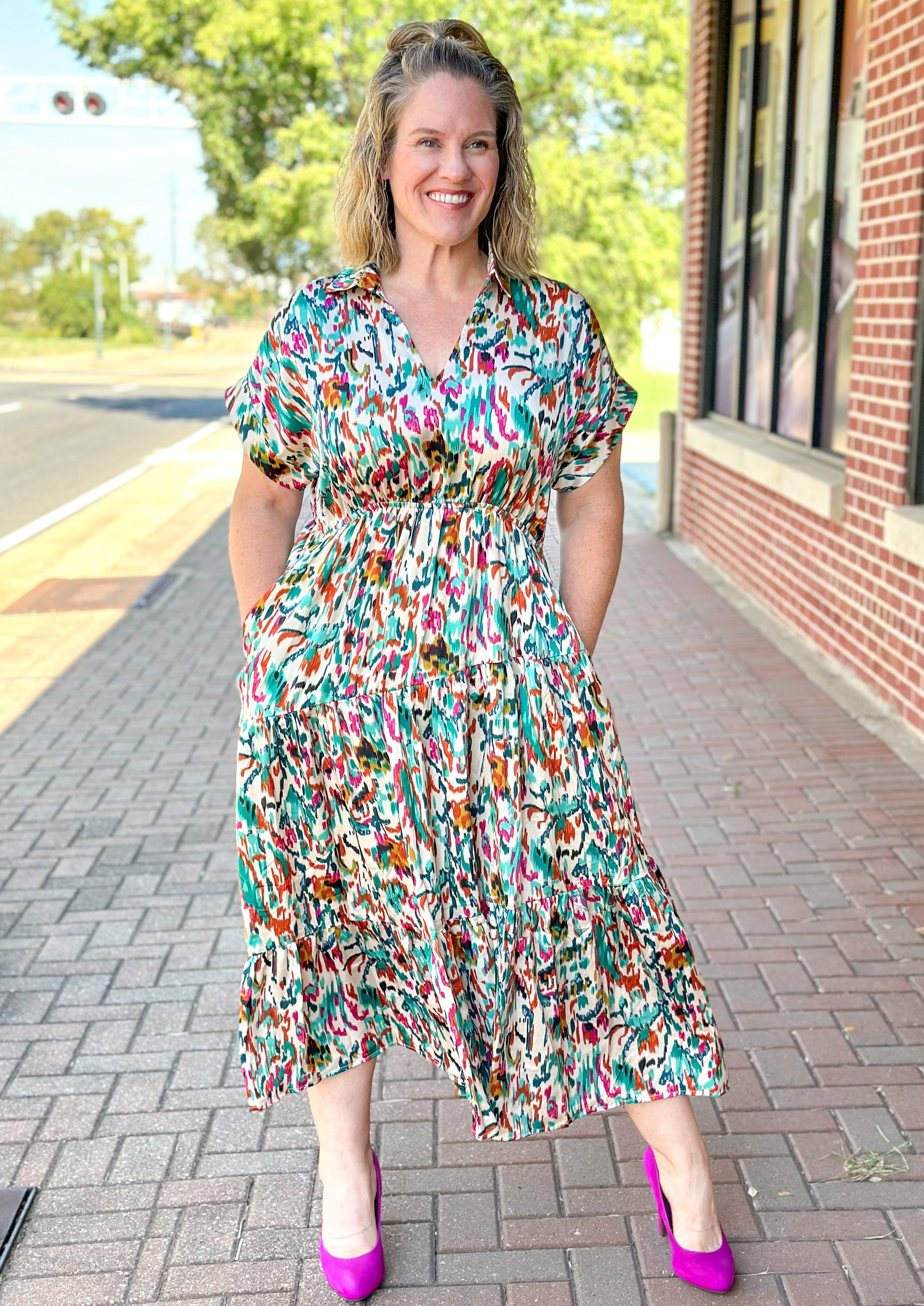 Multicolored Collared Tiered Maxi w/Pockets