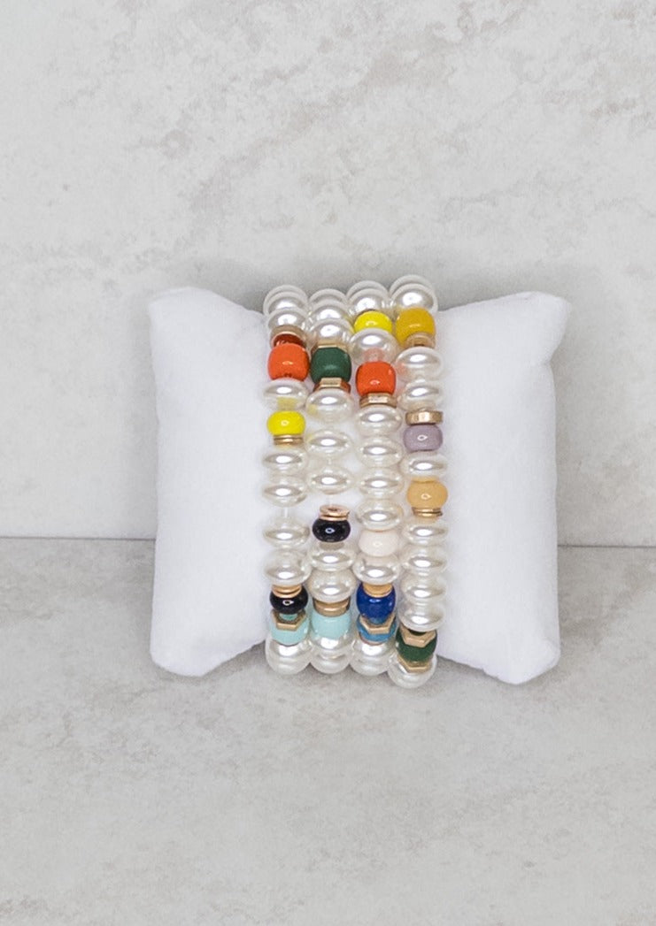 White and Multi-Colored Beaded Bracelet - 4 Strand