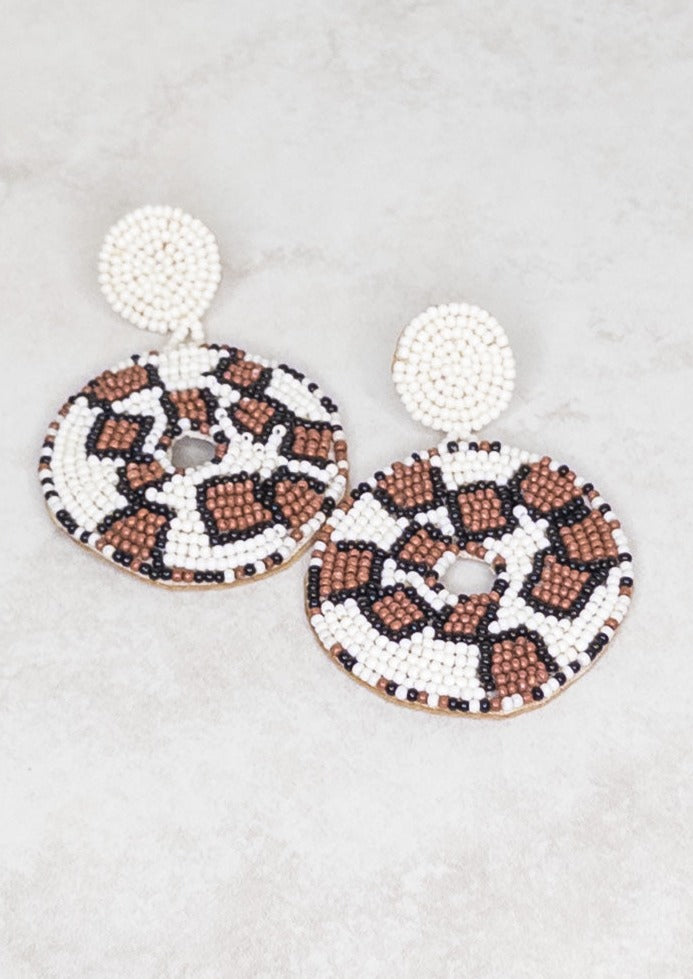 White Leopard Seed Bead Earrings