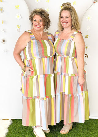 Sleeveless striped tiered dress with pockets. Smocked chest and strap. Ruffle detail on each tier.