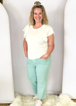 judy blue sky blue mid rise with wide leg crop with unfinished hem - button and zipper front closure with front and back pockets