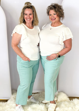 judy blue sky blue mid rise with wide leg crop with unfinished hem - button and zipper front closure with front and back pockets