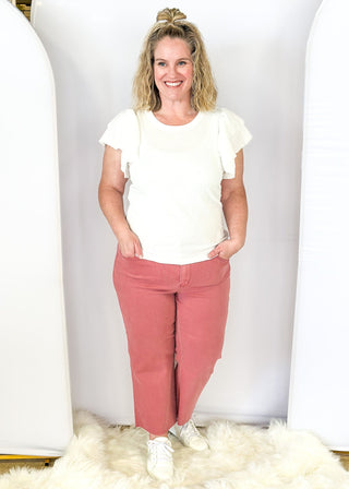 judy blue rose color, mid rise with wide leg crop with unfinished hem - button and zipper front closure with front and back pockets