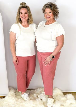 judy blue rose color, mid rise with wide leg crop with unfinished hem - button and zipper front closure with front and back pockets