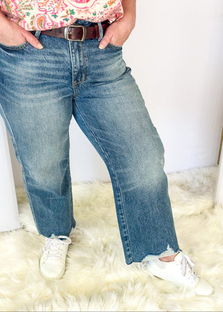 judy blue ankle rigid magic denim jeans with distressing at the ankles, zipper and button closure - belt loops - front and back pockets
