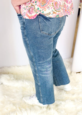 judy blue ankle rigid magic denim jeans with distressing at the ankles, zipper and button closure - belt loops - front and back pockets