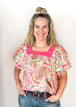 Paisley puff short sleeve top with square neck with pink band - flowy fit - multicolored