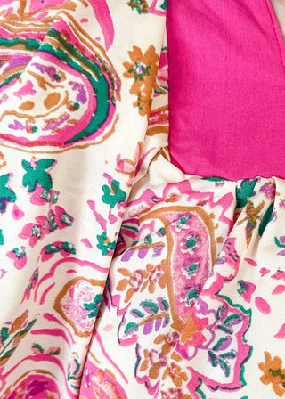 Paisley puff short sleeve top with square neck with pink band - flowy fit - multicolored