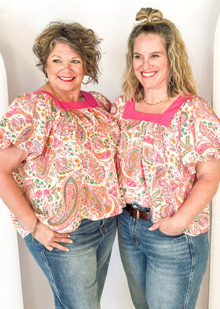 Paisley puff short sleeve top with square neck with pink band - flowy fit - multicolored